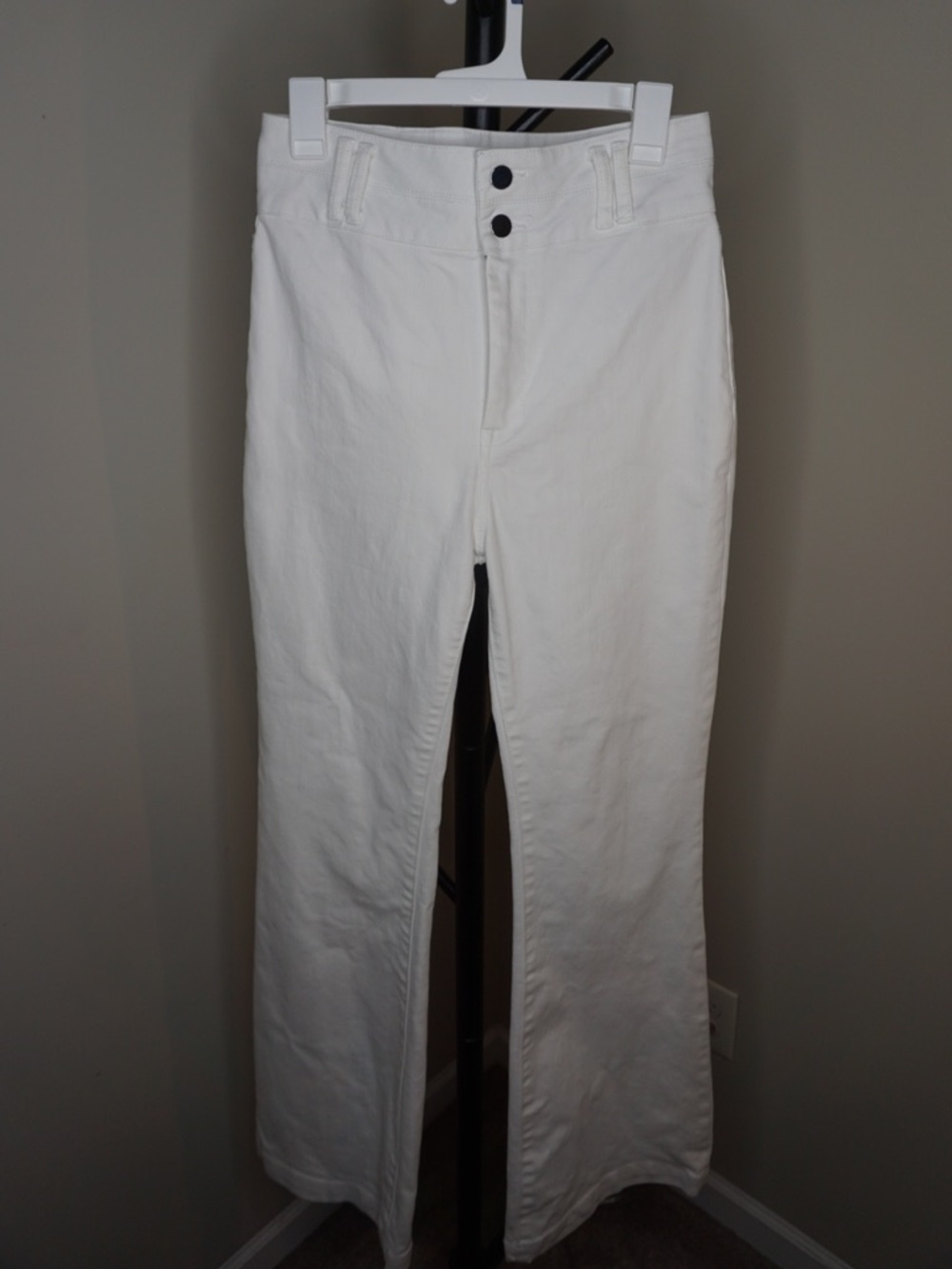 BCBGMAXAZRIA High-Rise Flare Jeans Double Button - White